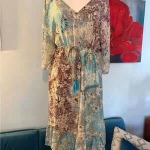 Bigg Bull Silk Maxi Boho Beach Cover Up Long Sleeve Ruffles Tassel Dress Sz 6 M